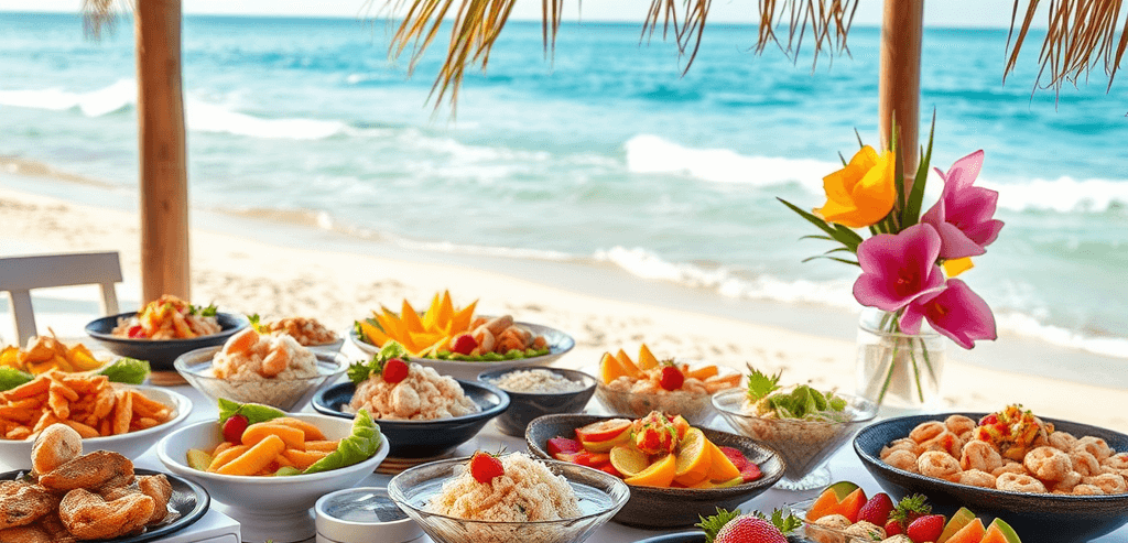 mesa de alimentos tropicais na beira do mar